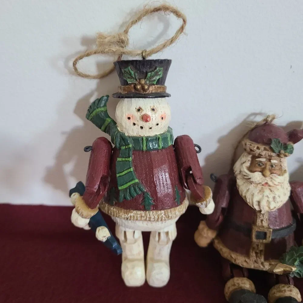 Vintage Country Christmas Jointed Resin Woodlook Ornaments Folk Art Rustic